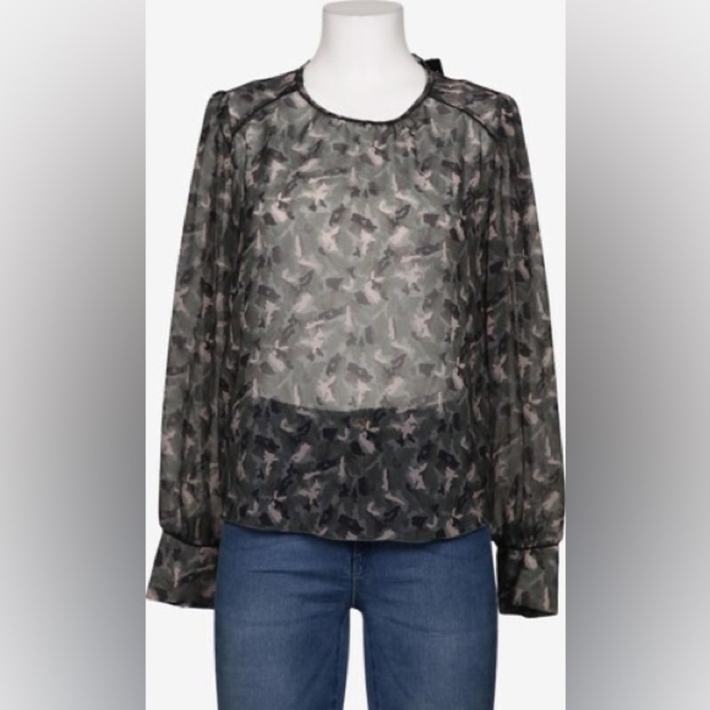 Luisa Cerano Semi Sheer Long Sleeve Camo Blouse Size 10 Green/Black